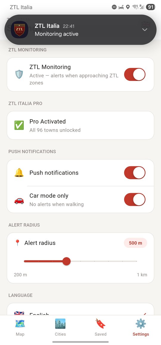 ZTL Italia app — real-time alert notification