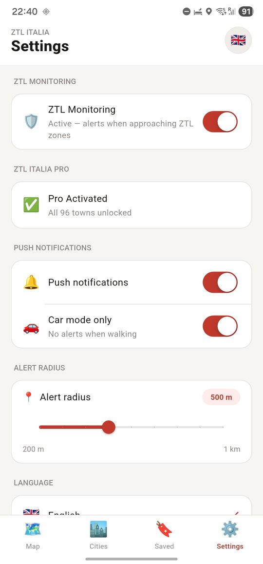 ZTL Italia app — settings with alert radius and car mode